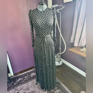 Elegant Black and White Polka Dot Rushed sleeve maxi dress. Janette fashion.